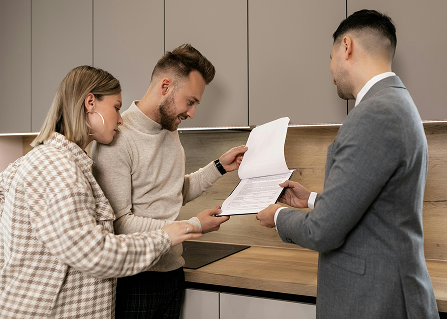 A property manager and a couple reviewing a rental document together.